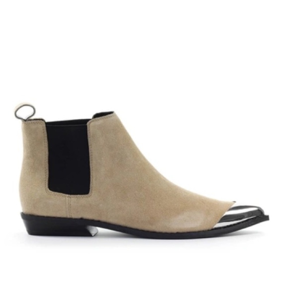 Calvin Klein Arthena Suede Chelsea Boots Womens 10.5 Beige Metal Cap Toe Ankle - Picture 4 of 9